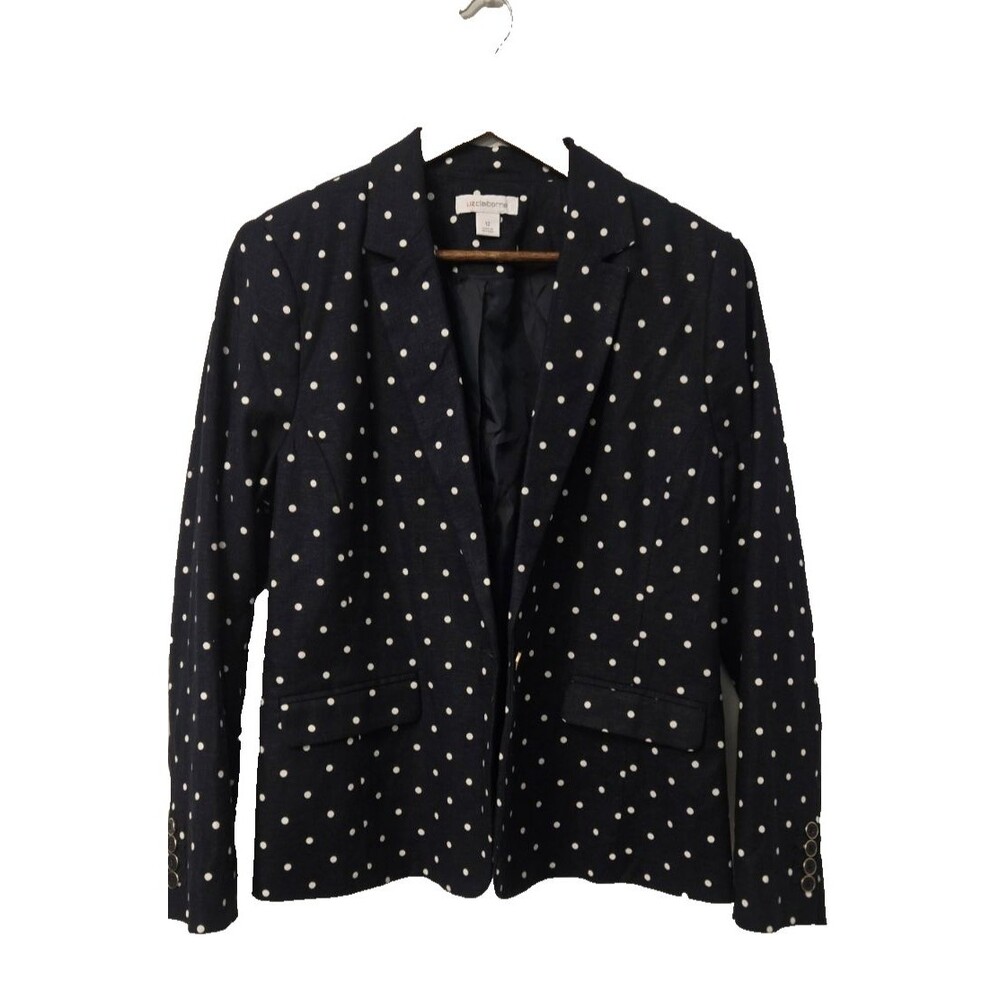 NWT  Liz Claiborne Womens Navy Polka Dot Linen Blend Blazer Classic Preppy Sz12